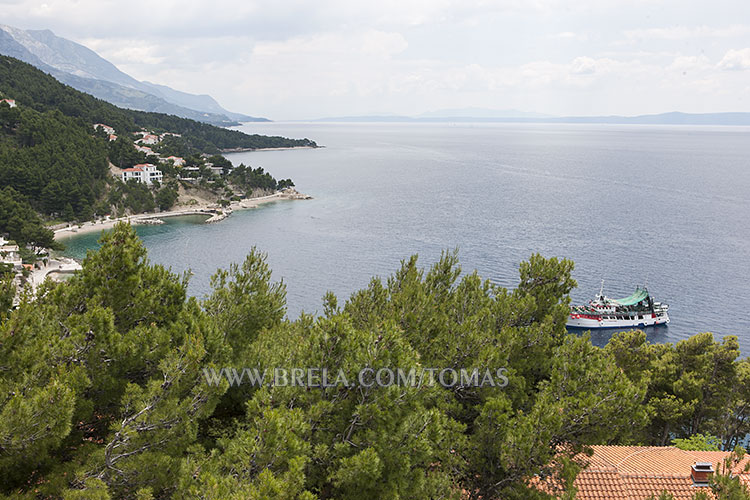 panorama from balcony: Brela coast, islands Bra� and Hvar, mountain Biokovo